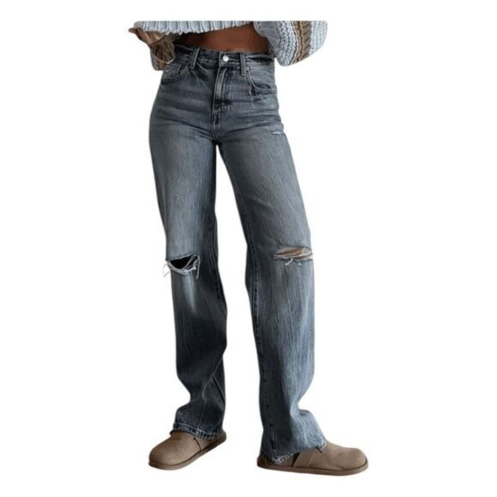 Pistola Bobbie Straight Wide Leg Jean Blue Burke Wash Distressed Denim High Rise